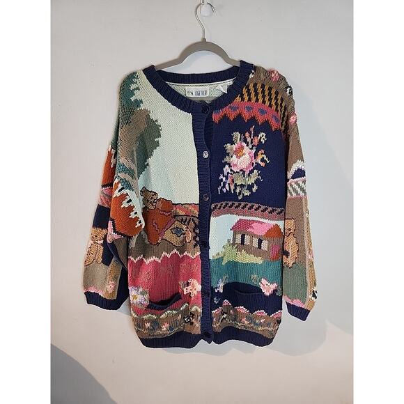 Together Sweaters - VINTAGE 90s TOGETHER Floral Chunky Knit Cardigan Sweater XL Teddy Bear